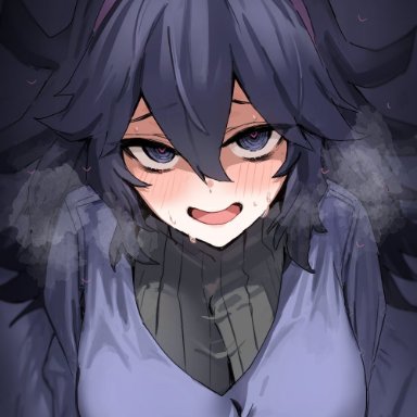 creatures (company), game freak, nintendo, pokemon, pokemon xy, hex maniac, horn/wood, @ @, 1girls, ahoge, alternate breast size, big breasts, black eyes, black hair, black sweater