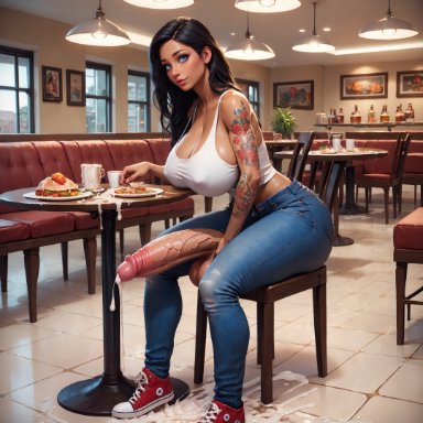 shennru, 1futa, arm tattoo, black hair, blue eyes, cum, denim jeans, fit female, flower tattoo, food, foreskin, futa only, futanari, huge breasts, muscular female