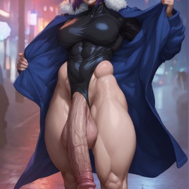 dc, dc comics, raven (dc), santarvengar, average breasts, big balls, city, city lights, flashing penis, futanari, grey skin, huge penis, leotard, looking at viewer, muscular