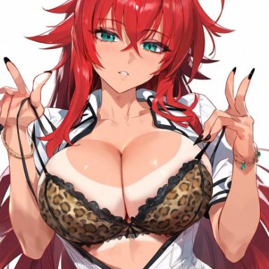 high school dxd, rias gremory, tsunoko (artist), 1girls, bikini, large breasts, leopard print, nails, red hair, ai generated