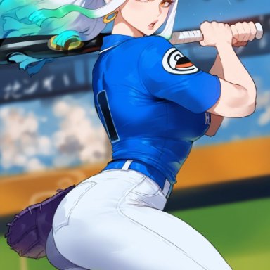 one piece, yamato (one piece), erotic nansensu, 1girls, aqua hair, ass, bangs, baseball, baseball (ball), baseball bat, baseball glove, baseball uniform, belt, curvy, dynamic pose