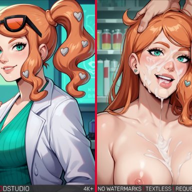 creatures inc., game freak, nintendo, pokemon, pokemon (game), pokemon professor, sonia (pokemon), wodstudio, 1boy, aqua eyes, areolae, asymmetrical hair, bangs, blush, breasts