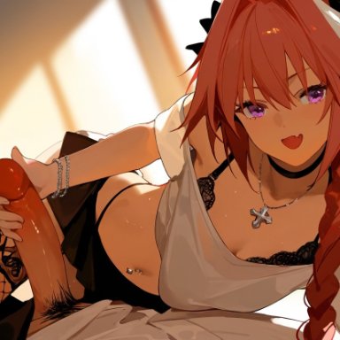 fate (series), fate/apocrypha, fate/grand order, astolfo (fate), lunarheron, 2boys, adult, adult male, bracelet, braid, femboy, handjob, holding penis, indoors, laying down