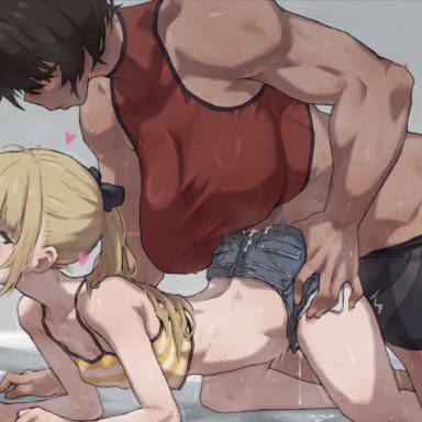 original, kei (m k), rika (m k), m k, 1futa, 1girls, all fours, ass grab, biceps, black bow, black hair, black shorts, blonde hair, blue eyes, blue shorts