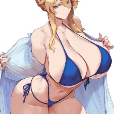 fate (series), fate/grand order, artoria pendragon (lancer), csr fan 621, bikini, blonde hair, blue bikini, crown, large breasts, looking at viewer, smile, solo, solo female, solo focus, taking clothes off