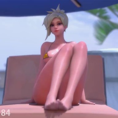 blizzard entertainment, overwatch, overwatch 2, mercy, rwt4184, bikini, bikini top, blonde hair, blue eyes, bottomless, breasts, feet, flashing, gold bikini, looking at viewer