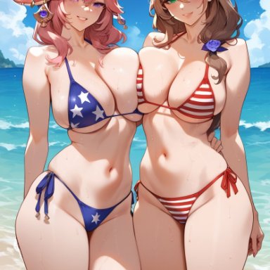 genshin impact, lisa (genshin impact), yae miko, bombacopta, 2girls, beach, big breasts, brown hair, earring, flower in hair, green eyes, headgear, pink hair, purple eyes, star bikini