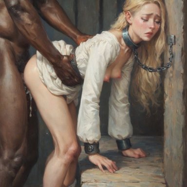 taprincesserose, 1boy, 1girls, blonde hair, bondage, dark skin, dark-skinned male, female, interracial, male, slave, ai generated