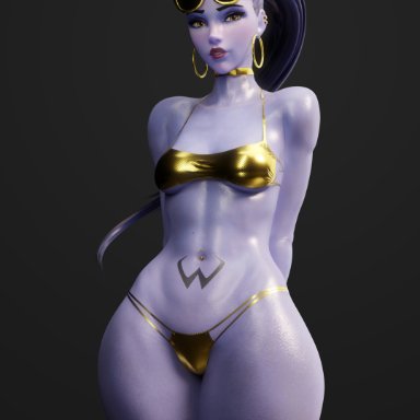 overwatch, overwatch 2, amelie lacroix, cote d'azur widowmaker, widowmaker, nemesis 3d, 1girls, bikini, breasts, choker, ear piercing, earrings, female, female only, fit