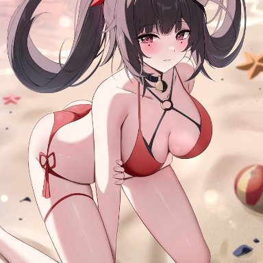 honkai (series), honkai: star rail, sparkle (honkai: star rail), yeni1871, 1girls, alternate costume, arm under breasts, beach, bikini, blush, bra, brown hair, day, female, female focus