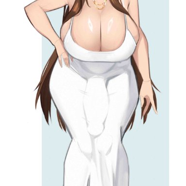 yuriko(karasuart07), karasuart07, 1futa, blush, breasts, brown hair, bulge, cleavage, clothed, clothing, dickgirl, dress, flaccid, futa only, futanari