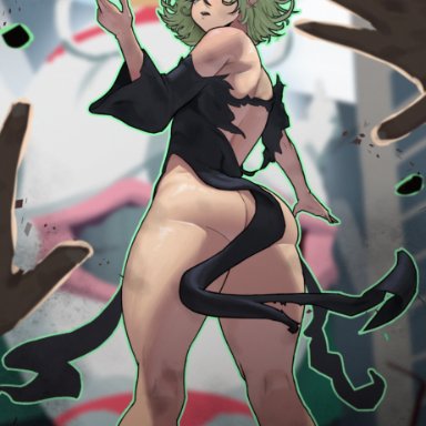 one-punch man, tatsumaki, stopu, 1girls, ass, black dress, breasts, curly hair, dress, female, green eyes, green hair, long sleeves, looking at viewer, open mouth