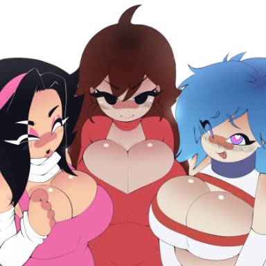 friday night funkin, newgrounds, pico's school, skyverse, girlfriend (friday night funkin), nene (newgrounds), sky (friday night funkin), skyblue, skyblue (friday night funkin), pinkbobatoo, 3girls, ahoge, asian female, big breasts, big hair