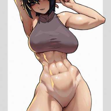 kill la kill, matoi ryuuko, stopu, abdomen, abs, alternate hairstyle, armpit, arms behind head, arms up, bare shoulders, belly, belly button, black hair, bottomless, dark hair