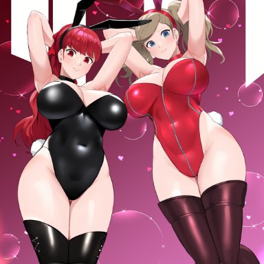 atlus, persona, persona 5, persona 5 royal, ann takamaki, kasumi yoshizawa, sumire yoshizawa, kaos art, 2girls, adapted costume, alternate breast size, animal ears, armpits, arms behind head, arms up