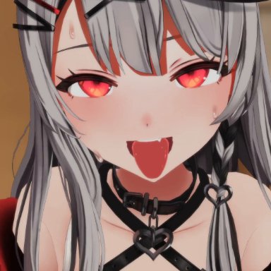 hololive, holox, sakamata chloe, suzutaro3d, 1boy, 1girls, black hair, braid, choker, cleavage, clothing, cum, cum on face, cumshot, dark skin