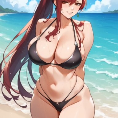 fairy tail, erza scarlet, bombacopta, beach, bikini, black bikini, grin, hands behind back, ponytail, sunglasses on head, ai generated