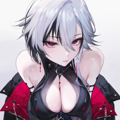 genshin impact, arlecchino (genshin impact), qiandaiyiyu, 1girls, black hair, cleavage, cleavage cutout, cleavage overflow, cross-shaped pupils, female, female focus, female only, jacket, jacket off shoulders, jacket open