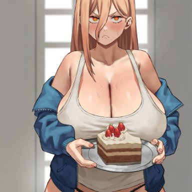 chainsaw man, power (chainsaw man), gardener ai, 1girls, bare legs, bare shoulders, bare thighs, black panties, blush, breasts, cake, cleavage, cowboy shot, curvy, doorway