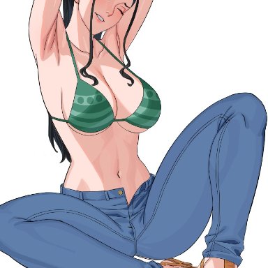 one piece, nami (one piece) (cosplay), nico robin, uukkaa, 1girls, armpits, arms above head, big breasts, bikini top, black hair, blue eyes, busty, cleavage, female, female only