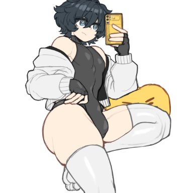 oc, original character, mctamagomaki, 1boy, 1femboy, 1male, big ass, big bulge, big butt, big thighs, black hair, black topwear, bulge, cute, cute expression