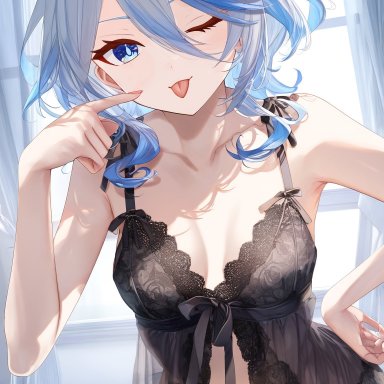 genshin impact, hoyoverse, mihoyo, furina (genshin impact), poyon na, 1girls, alternate costume, babydoll, bed, bedroom, black babydoll, black thong, black underwear, blue eyes, blue hair