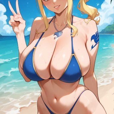 fairy tail, lucy heartfilia, bombacopta, beach, bikini, blonde hair, blue bikini, blue ribbon, brown eyes, huge breasts, necklace, peace sign, ribbon, side ponytail, smile