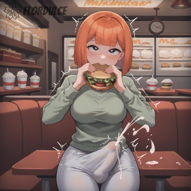 mcdonald's, yoru mac, flordulce, 1futa, black eyes, blunt bangs, breasts, burger, covered penis, cum, cumming, cumshot, eating, ejaculating cum, ejaculation