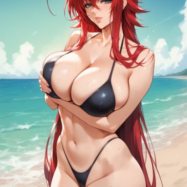 high school dxd, rias gremory, bombacopta, beach, bikini, black bikini, grin, holding breast, huge breasts, red hair, thick thighs, ai generated