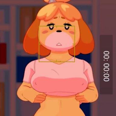 animal crossing, nintendo, isabelle (animal crossing), nyurusauce, anthro, areola, big areola, big nipples, blush, boob drop, boobdrop, boobs, bouncing breasts, breasts, breasts out