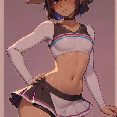 patreon, darabri, 1boy, abs, black hair, blush, brown eyes, collar, crop top, cute, fedora, femboy, feminine male, flat chest, flat chested