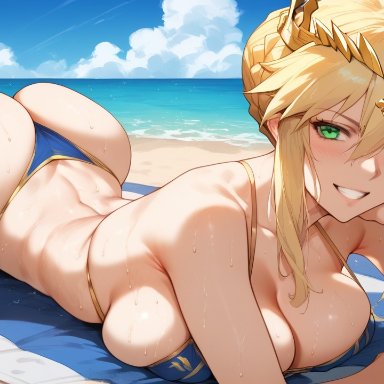 fate (series), fate/grand order, artoria pendragon, artoria pendragon (lancer), bombacopta, beach, beach towel, big ass, bikini, blonde hair, green eyes, grin, huge breasts, ai generated