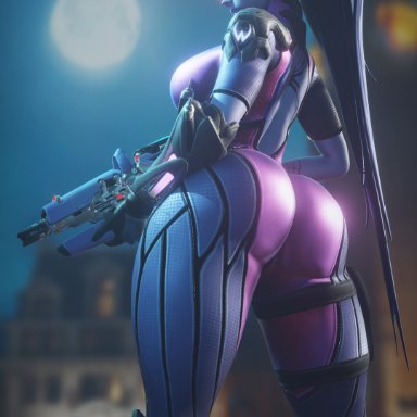 blizzard entertainment, overwatch, overwatch 2, widowmaker, hasfeldt, 1girls, ass, ass focus, back view, blue body, bodysuit, breasts, female, female focus, female only