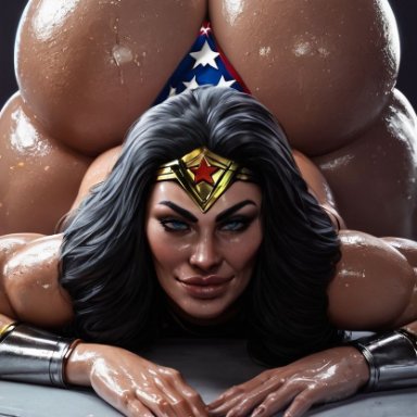 dc, dc comics, wonder woman (series), wonder woman, niduscharger, 1girls, all fours, big ass, black hair, blue eyes, facing viewer, huge ass, juicy butt, looking at viewer, lube