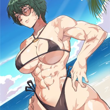 jujutsu kaisen, shounen jump, zenin maki, mg99, abs, beach, bikini, burn marks, burns, child bearing hips, female, female only, fit, fit female, glasses