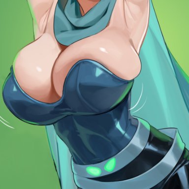 ben 10, cartoon network, future gwen, gwen tennyson, nia (nia4294), nia4294, armpits, arms behind head, big breasts, blush, brown hair, bursting breasts, cleavage, clothed, clothing