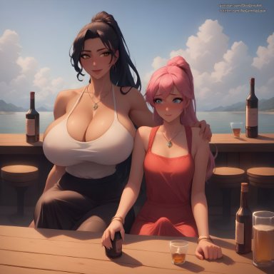 desgens, 2girls, arm around shoulders, erection under clothes, futa on futa, futa with futa, futanari, huge breasts, size difference, small breasts, ai generated