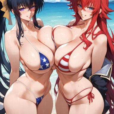 akeno himejima, rias gremory, bombacopta, 2girls, ahoge, antenna hair, beach, big thighs, bikini, black hair, blue eyes, huge ahoge, huge breasts, purple eyes, red hair