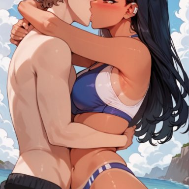 please don't bully me, nagatoro, hayase nagatoro, nagatoro hayase, naoto hachioji (senpai), a1exwell, 1boy, 1girls, beach, bikini, female, human, kissing, male, tanline, ai generated