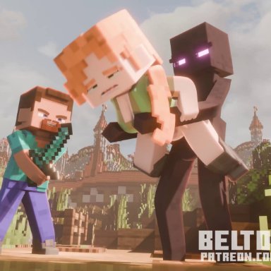 minecraft, alex (minecraft), enderman, steve (minecraft), beltomnsfw, 1boy, 1boy1girl, 1girls, anal, anal sex, being watched, big breasts, blue eyes, carrying, carrying partner