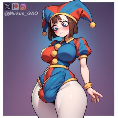 the amazing digital circus, mirkus gao, 1futa, balls, big penis, brown hair, brunette, brunette futa, bulge, futa only, futanari, medium breasted futa, medium penis, penis, realistic breast size