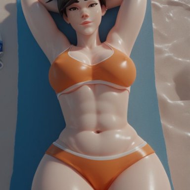 overwatch, overwatch 2, lena oxton, tracer, ai supremacist, abs, armpits, arms behind head, arms up, bangs, beach, bikini, bikini bottom, black hair, bra