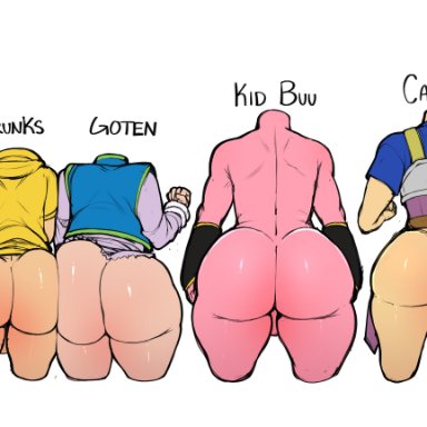 dragon ball, dragon ball super, dragon ball z, shounen jump, cabba, kale, kid buu, son goten, trunks briefs, videl, blackwhiplash, bwl, 2girls, 4boys, ass