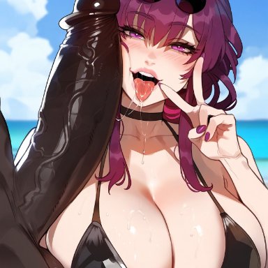 honkai (series), honkai: star rail, kafka (honkai: star rail), floox, 1boy, 1girls, beach, breasts, dark skin, dark-skinned male, female, huge cock, interracial, large breasts, light skin