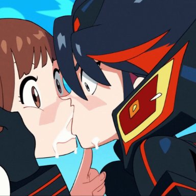 kill la kill, patreon, mankanshoku mako, matoi ryuuko, senketsu, kumbomb, mimihungva, suoiresnu, @ @, 2girls, armor, black pupils, blue eyes, blush, breasts