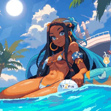 game freak, nintendo, pokemon, pokemon ss, nessa (pokemon), itzah, 1girls, bikini, black hair, blue eyes, blue hair, breasts, cameltoe, closed mouth, cloud