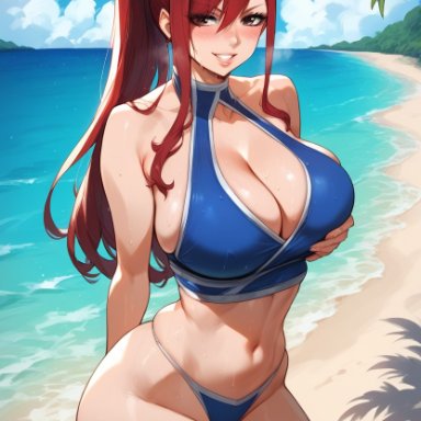 fairy tail, erza scarlet, bombacopta, beach, bikini, brown eyes, holding breast, huge breasts, ponytail, red hair, thick thighs, ai generated