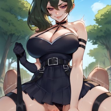 sousou no frieren, ubel (sousou no frieren), balecxi, belt, black gloves, black panties, clothing aside, cum, cum in pussy, cum inside, dominant female, femdom, from below, green eyes, green hair