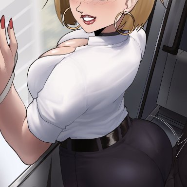 dragon ball, dragon ball z, android 18, echosaber, 1female, 1male, ass, big ass, big butt, blon, blue eyes, boner, breasts, bubble butt, dat ass