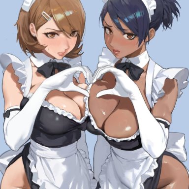 persona, persona 3, persona 3 reload, yukari takeba, yuko nishiwaki, hintobento, 2girls, angry, angry face, black hair, brown hair, dark skin, dark-skinned female, female only, maid